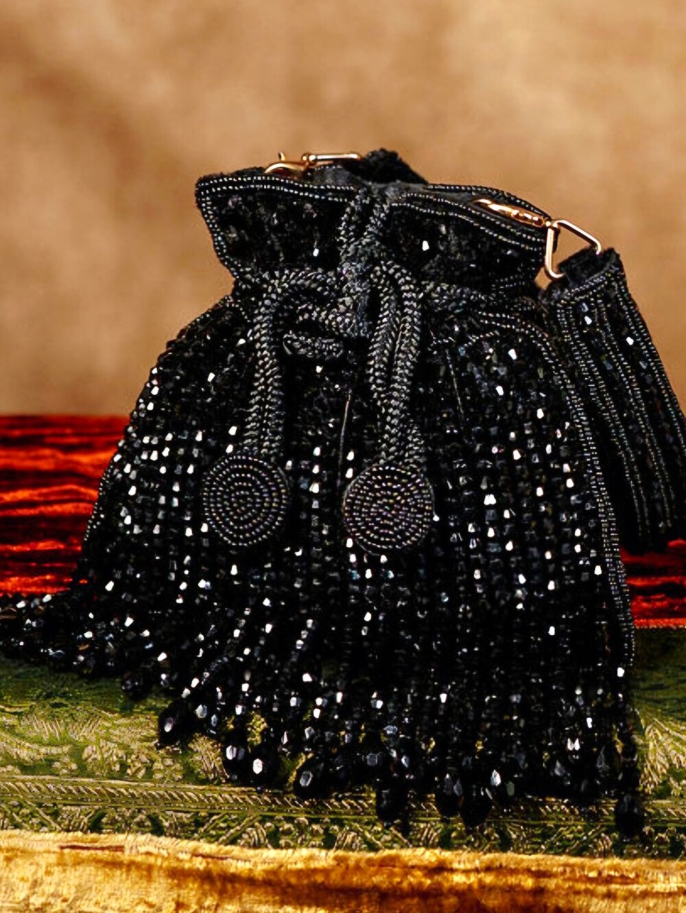 Black Beaded Drawstring Evening Bag - Elegant Women's Shoulder Bag